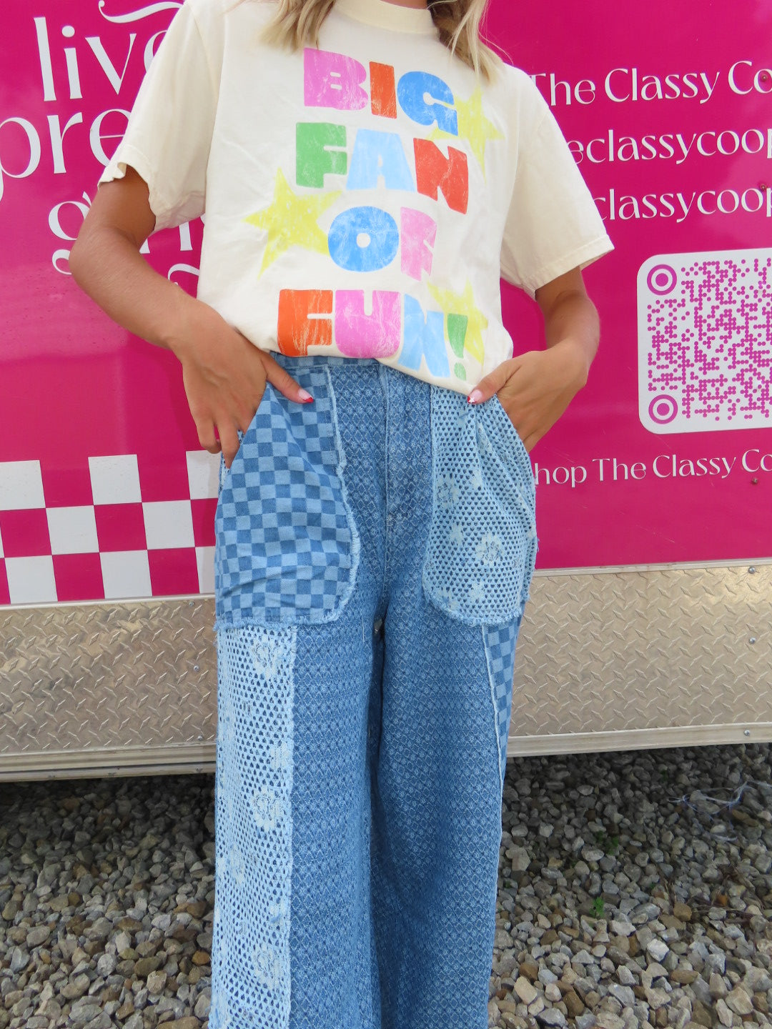 Checkered Denim Lace Patch Wide-Leg Pants