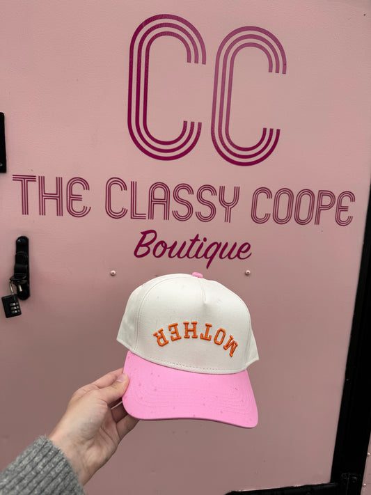 UPSIDE DOWN MOTHER TRUCKER HAT - ORANGE/PINK