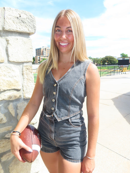 Runner Up Black Denim Romper