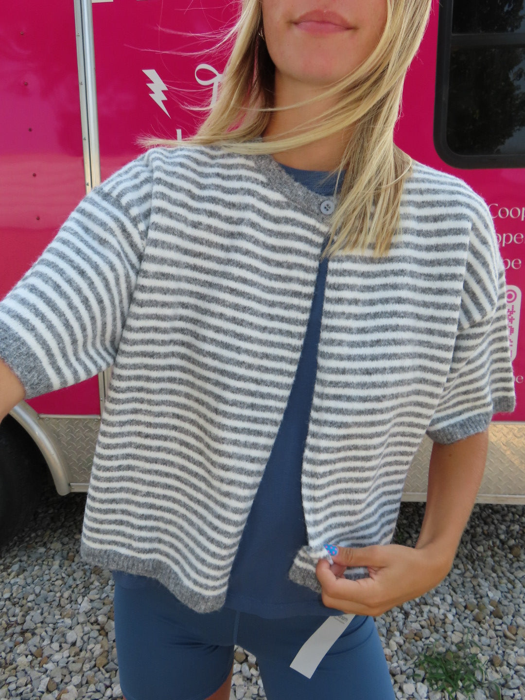 Stripe One Button Open Cardigan-Gray