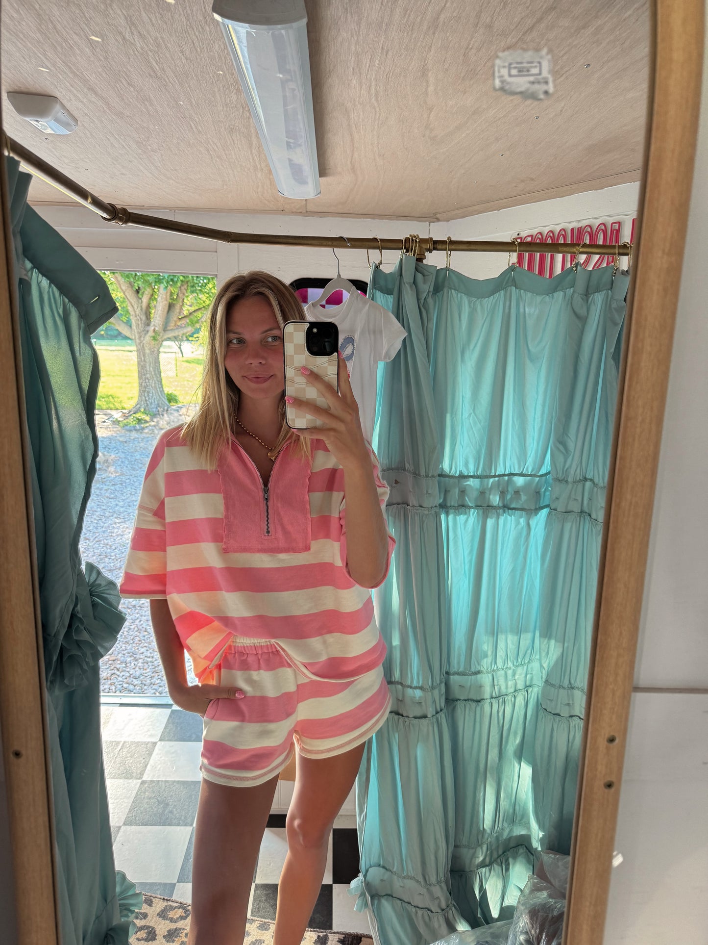 Striped French Terry Half Zip Collared Top and Shorts Set-Pink