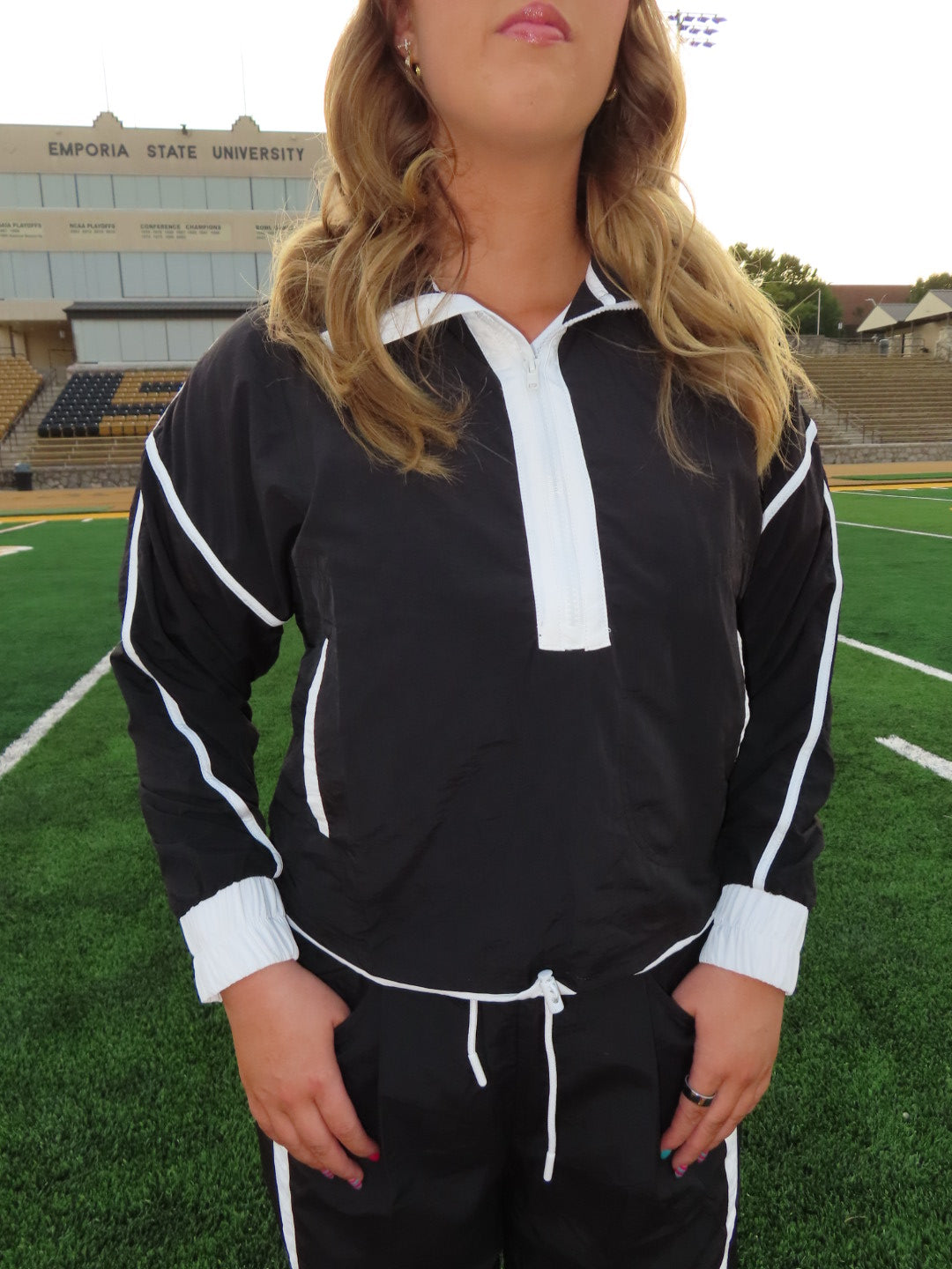 Sporty Stripe Nylon Quarter Zip-Black