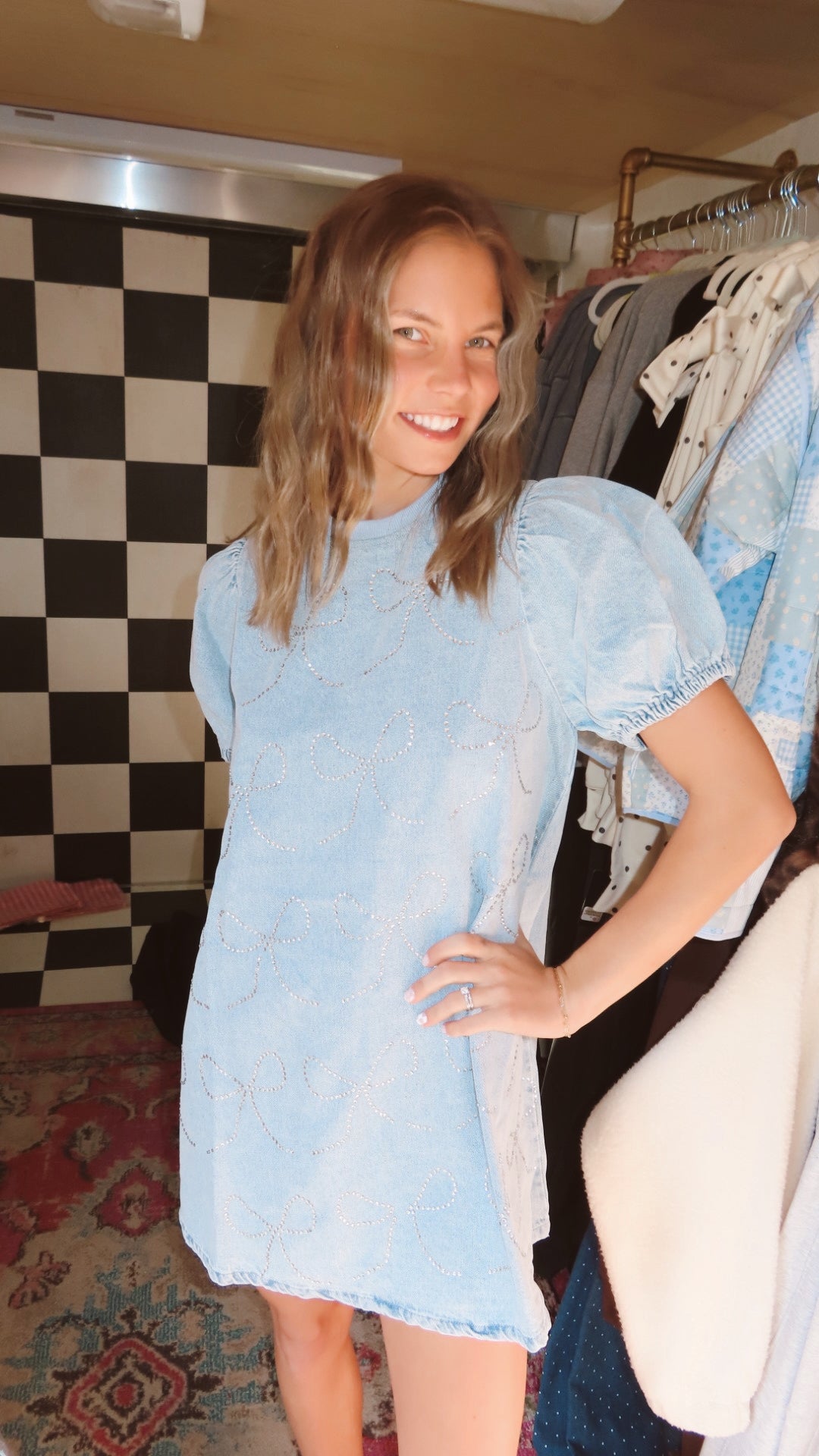 Bow Sequins Puffer Denim Dress