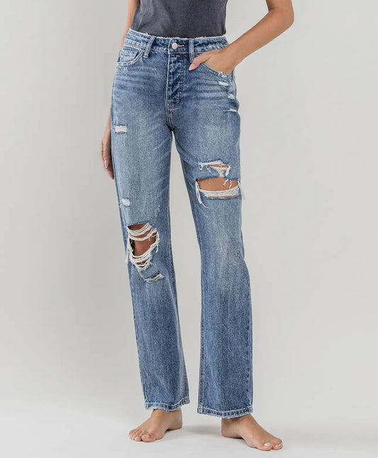 Super high rise distressed straight jeans