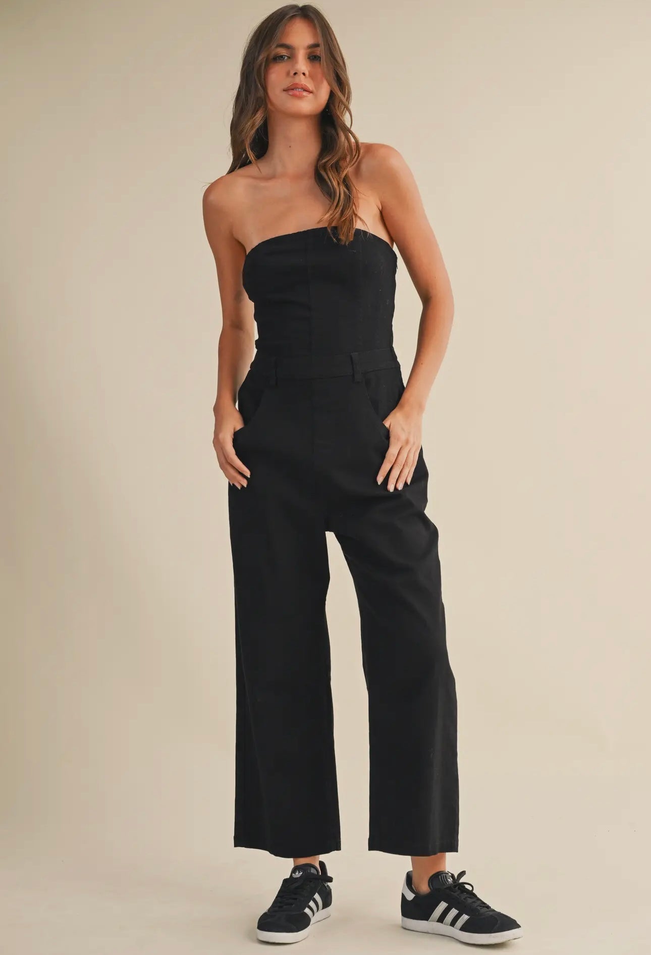 Black Denim Strapless Jumpsuit