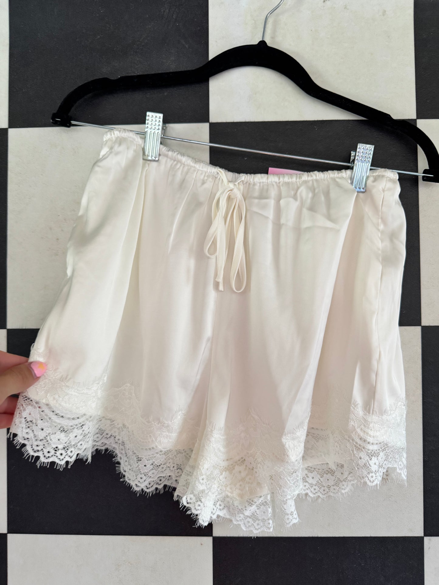 Off White Lace Trim Satin Shorts