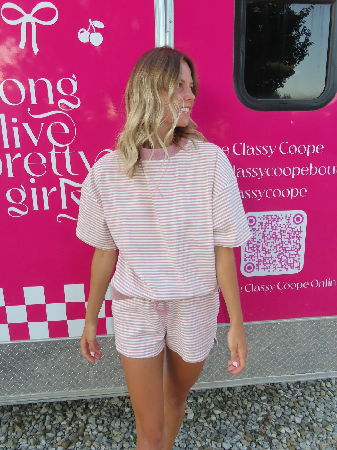 Short Sleeve Stripe Mockneck Set-Mauve