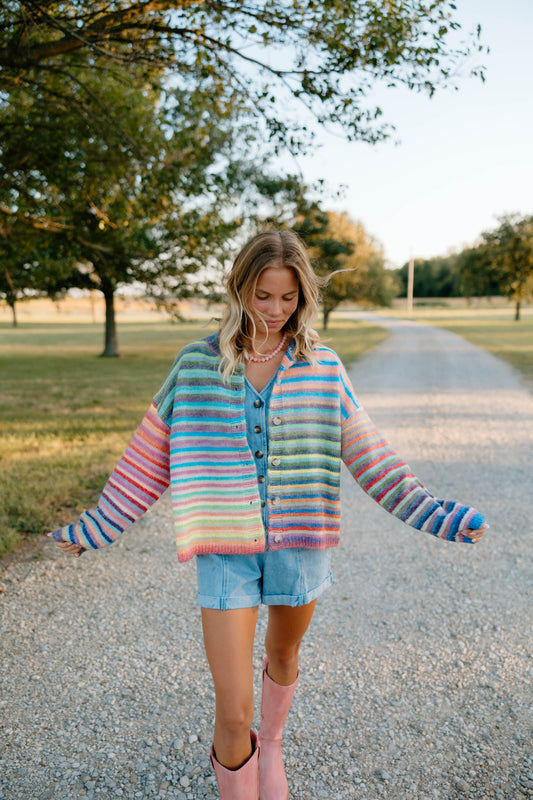 Rainbow Land Stripe Button Cardigan