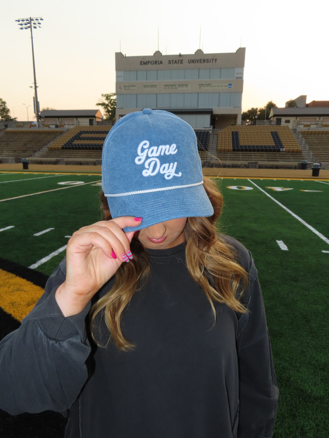 Denim gameday trucker hat