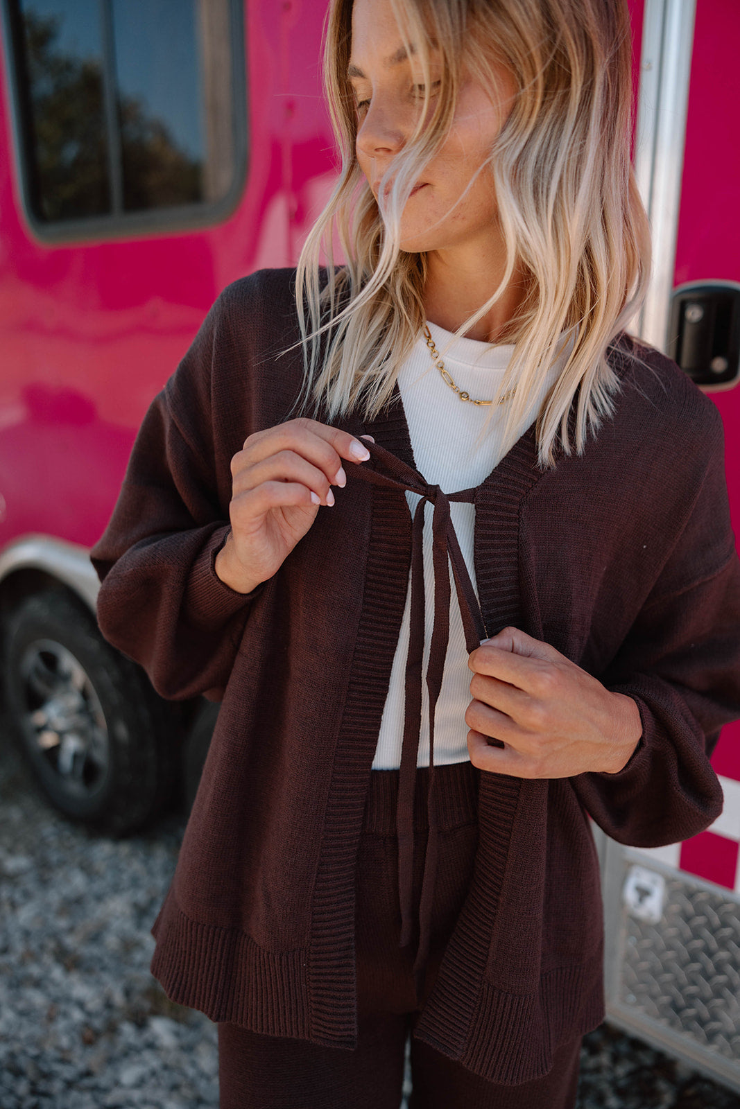 Front Tie Cardigan & Pants Set-Chocolate
