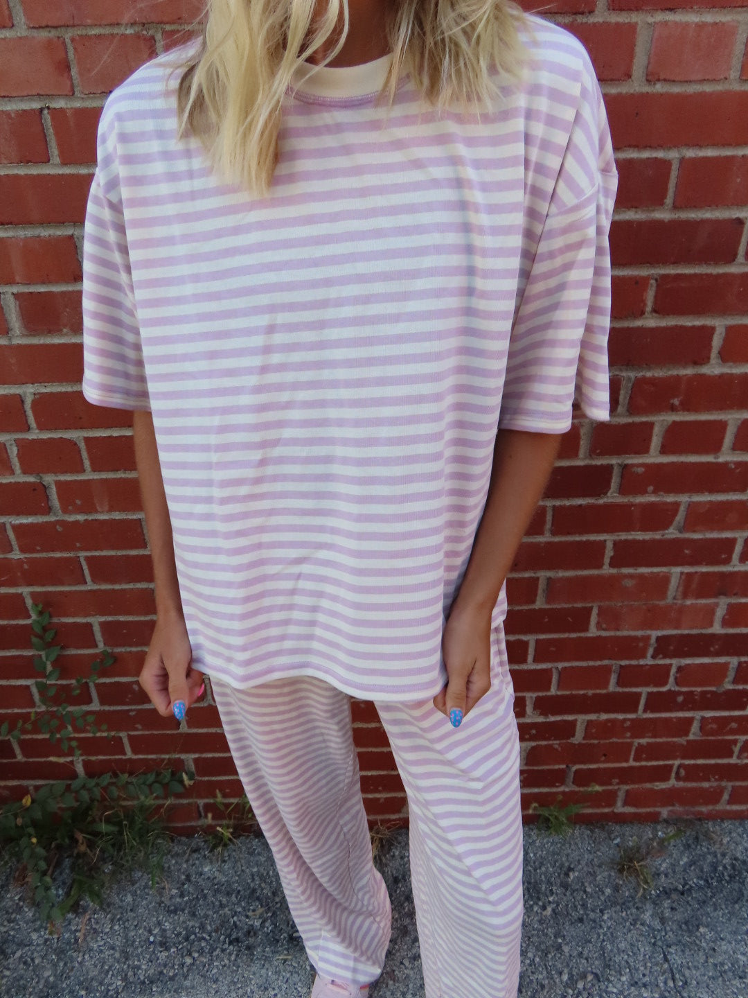 Stripe Oversized Basic Tee-Pink