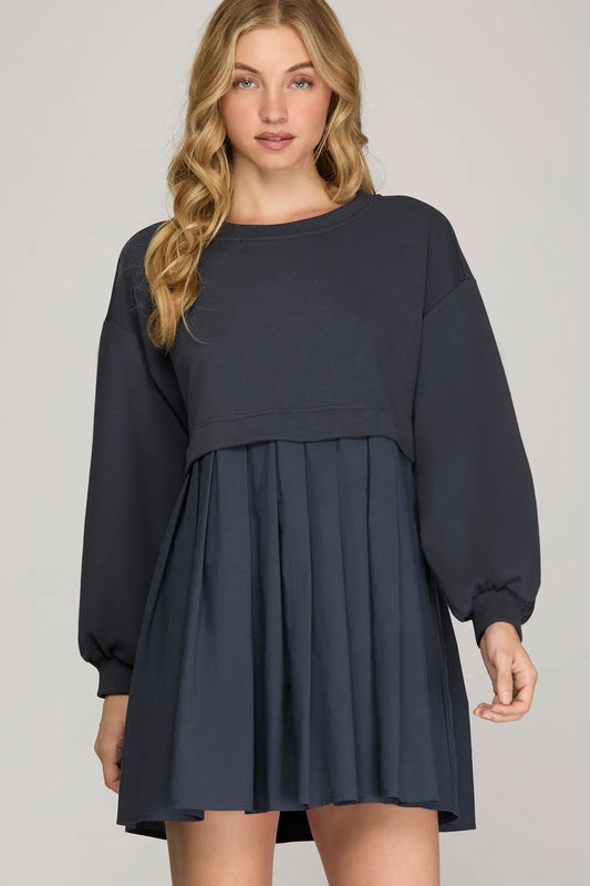 Navy Pleated Sweatshirt Dress