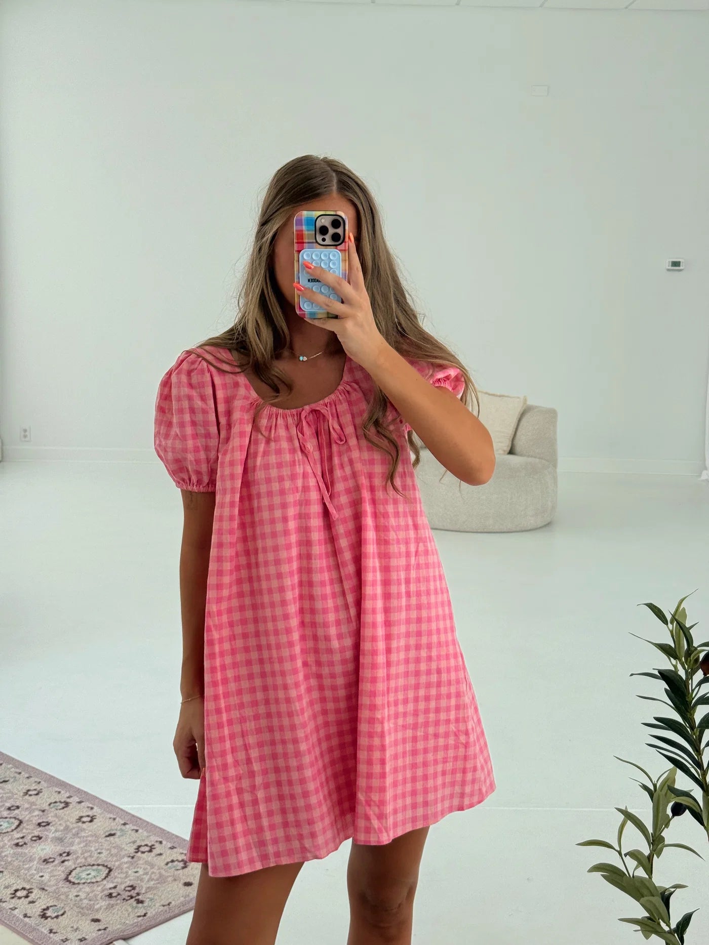 Gingham Tie Dress- Pink