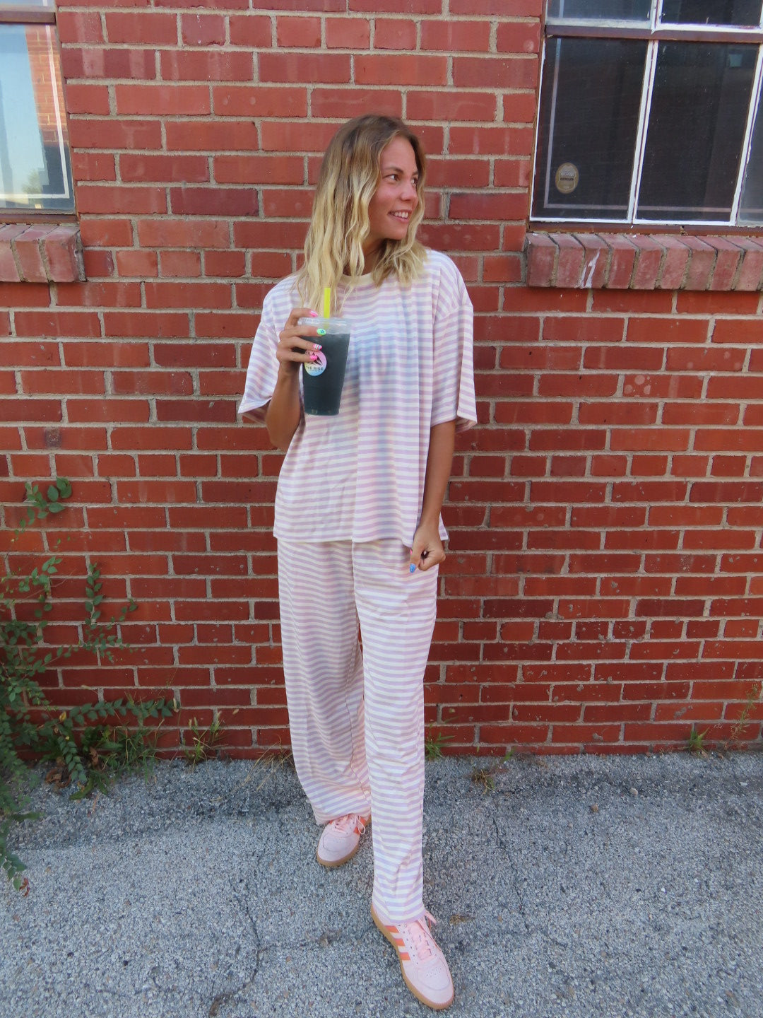 Stripe Oversized Basic Tee-Pink