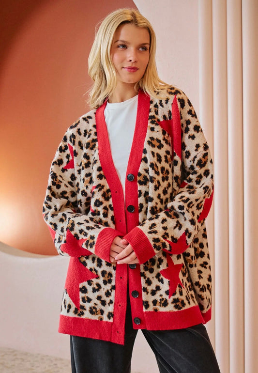 LEOPARD STAR CARDIGAN SWEATER