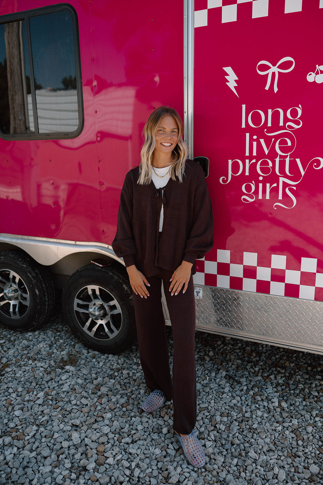 Front Tie Cardigan & Pants Set-Chocolate
