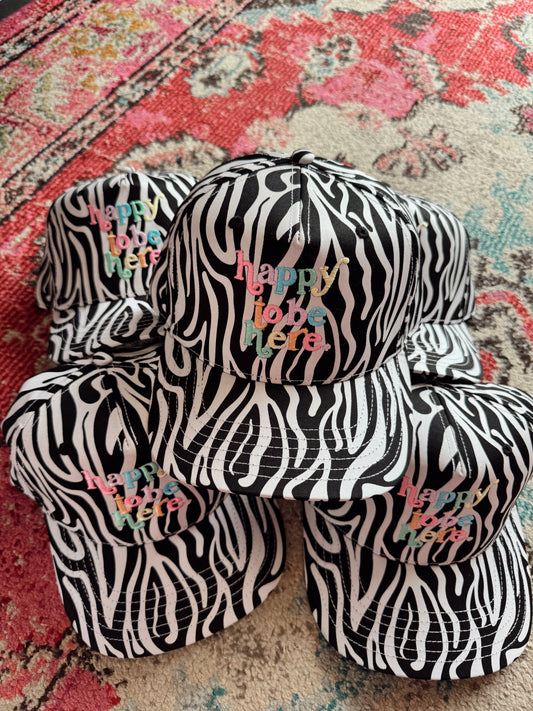 Happy To Be Here Zebra Trucker Hat