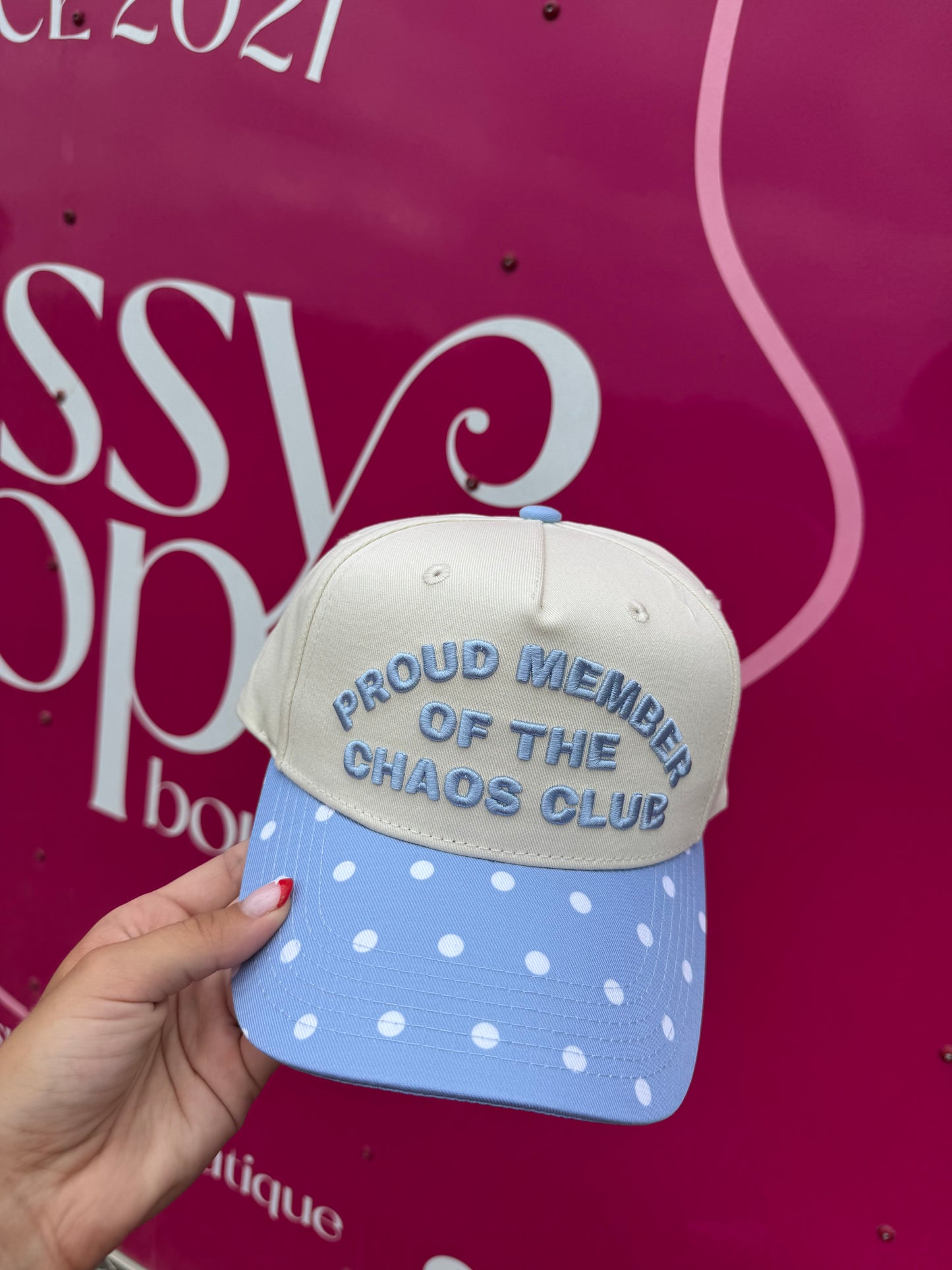 CHAOS CLUB TRUCKER HAT - DENIM / POLKA DOT