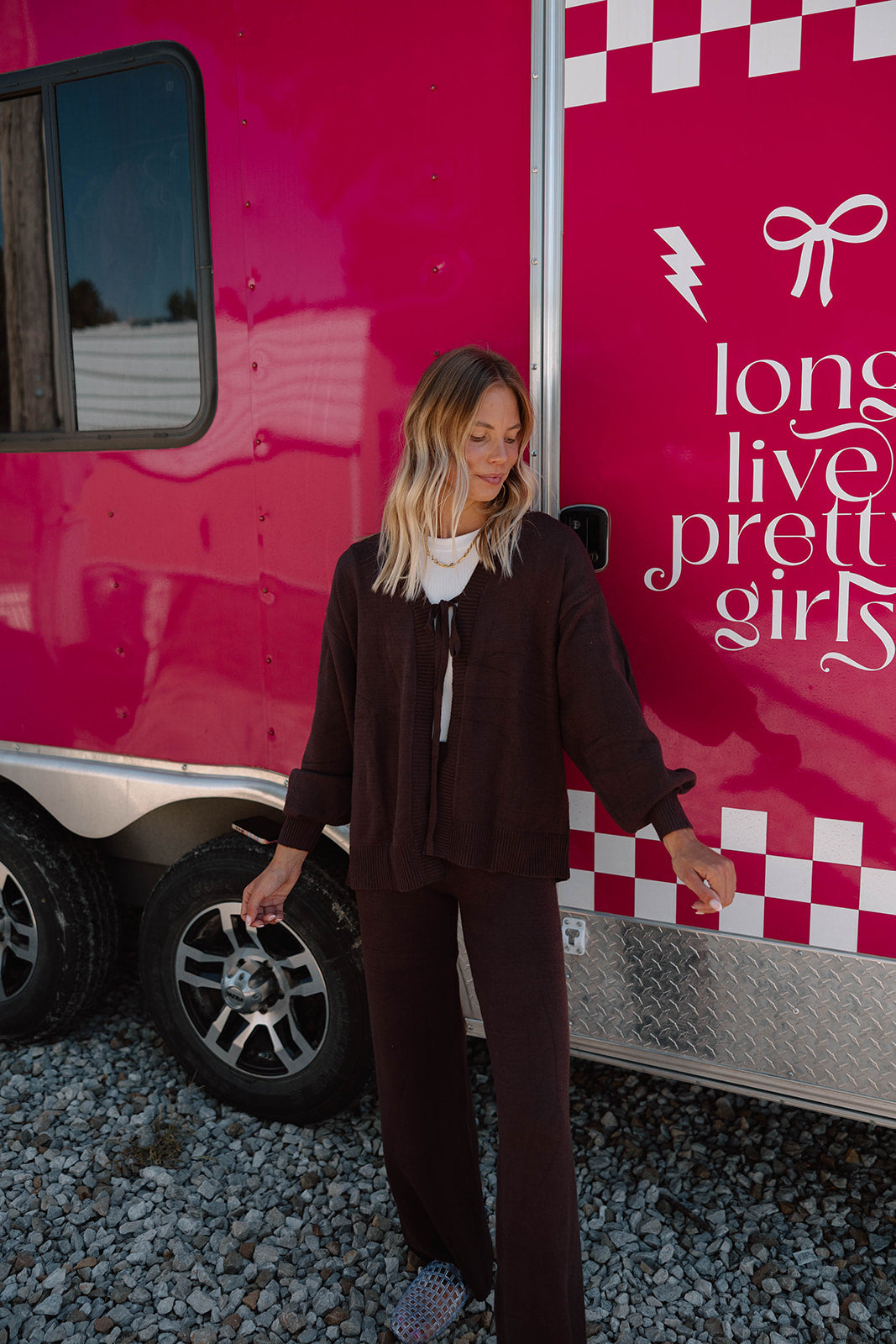 Front Tie Cardigan & Pants Set-Chocolate