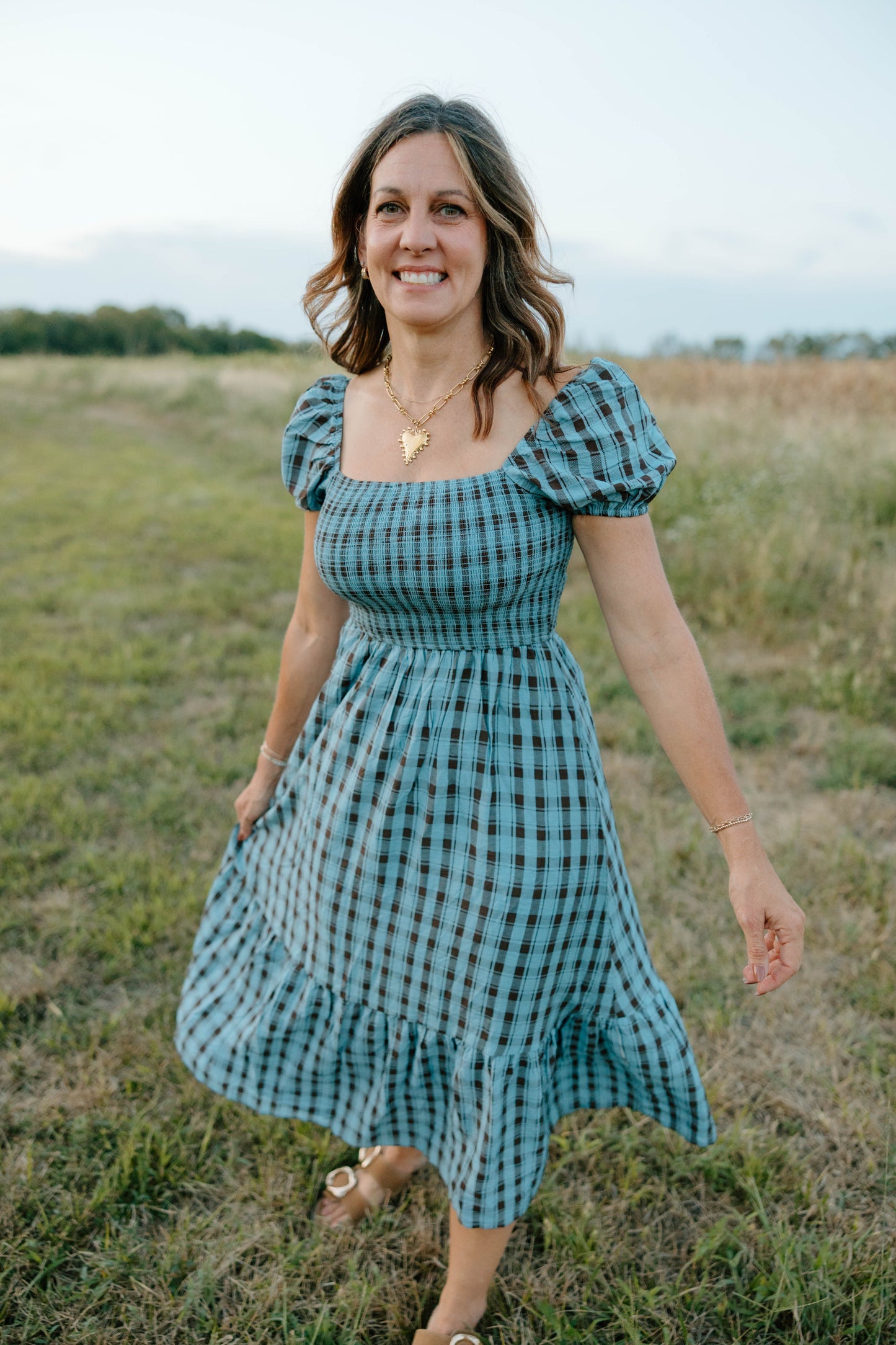 Fall Days Gingham Dress-Blue & Brown
