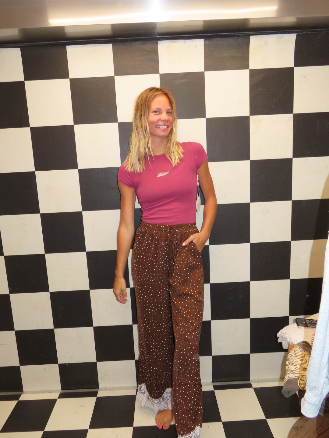 Brown Polka Dot Pants with Lace Trim