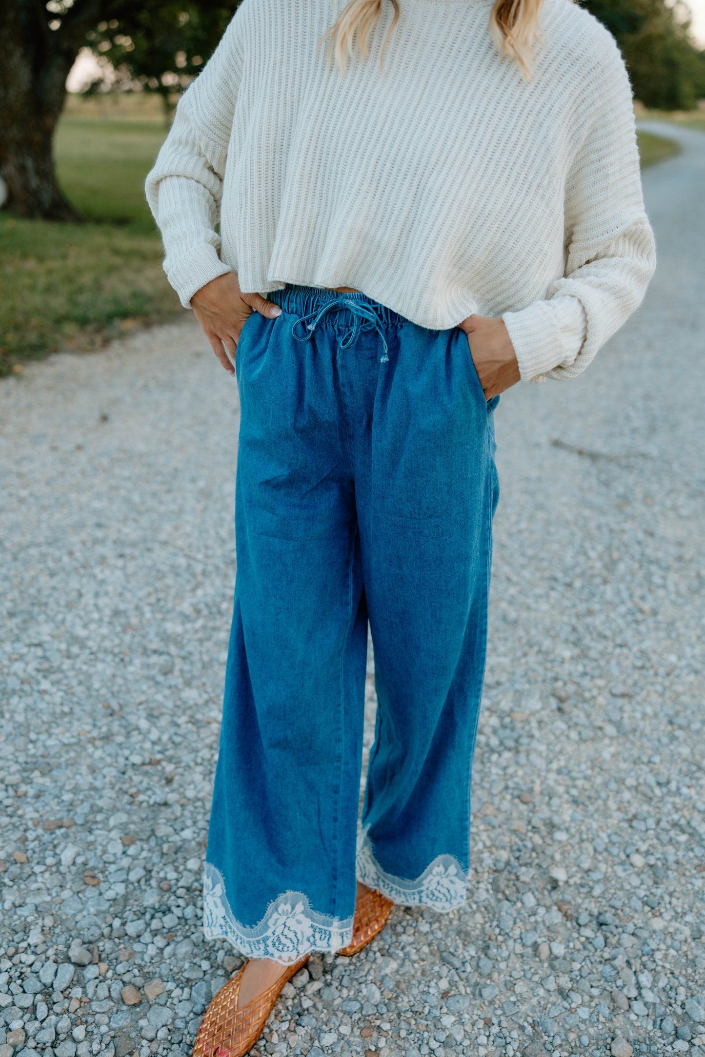 So Me Denim Pants with Lace Trim