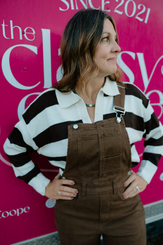 Brown & White Stripe Polo Sweater