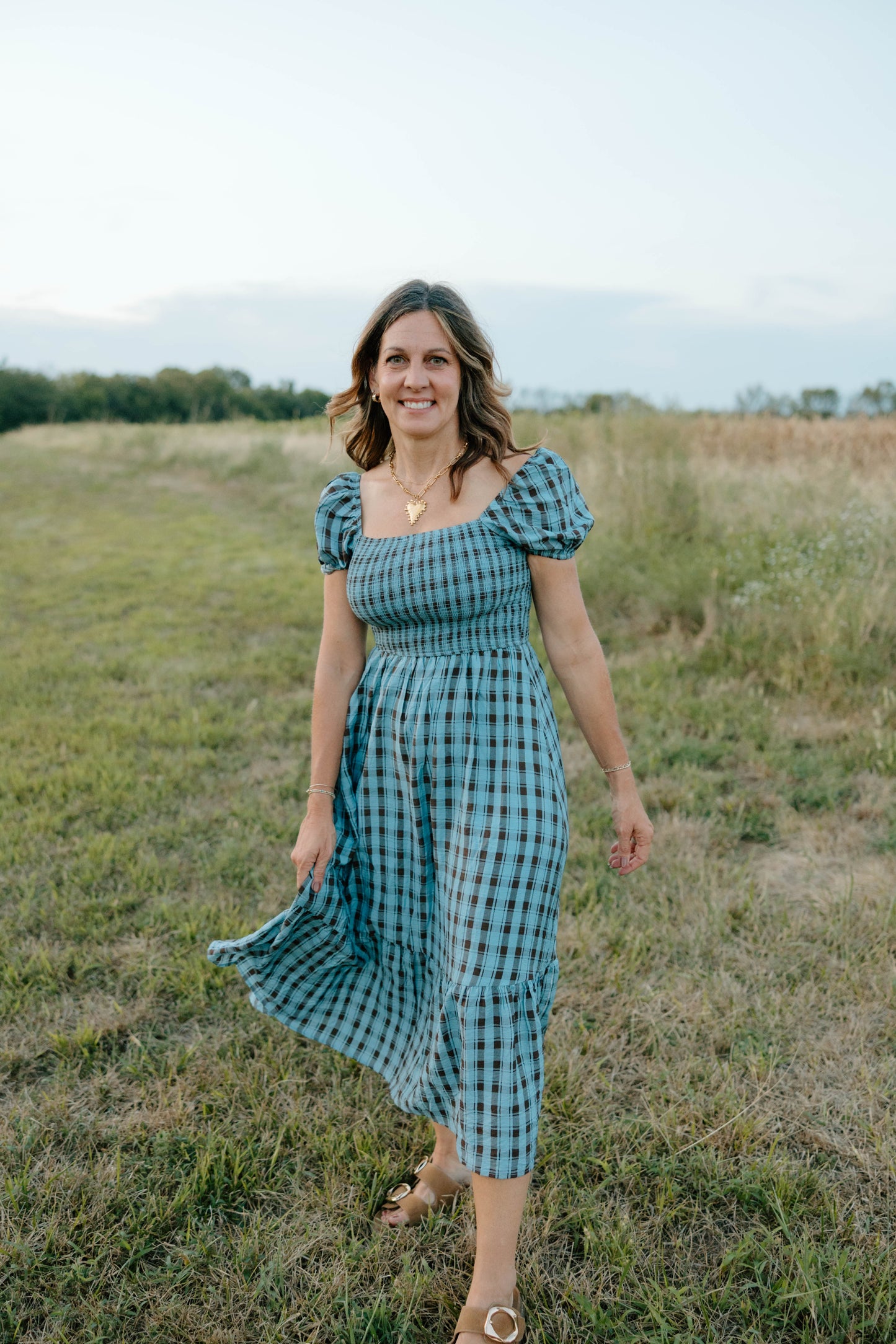 Fall Days Gingham Dress-Blue & Brown