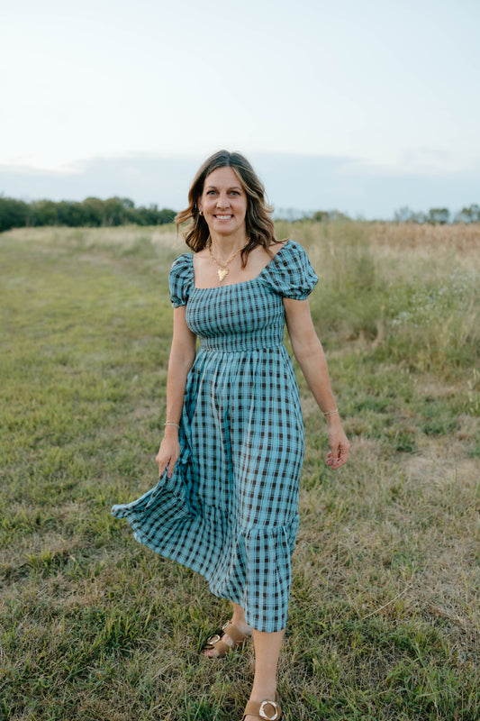 Fall Days Gingham Dress-Blue & Brown
