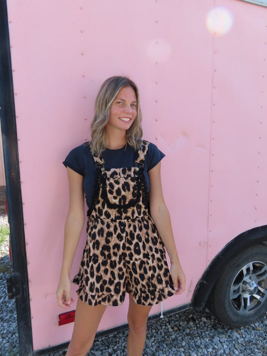 Lace Trim Tiered Wide Leg Cheetah Print Shortalls
