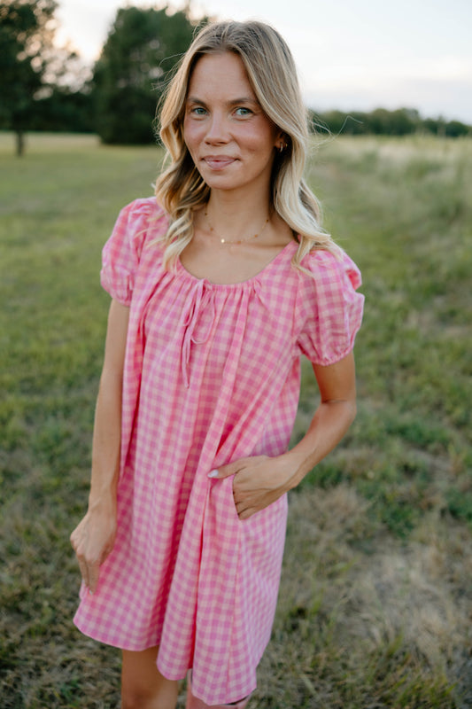 Gingham Tie Dress- Pink