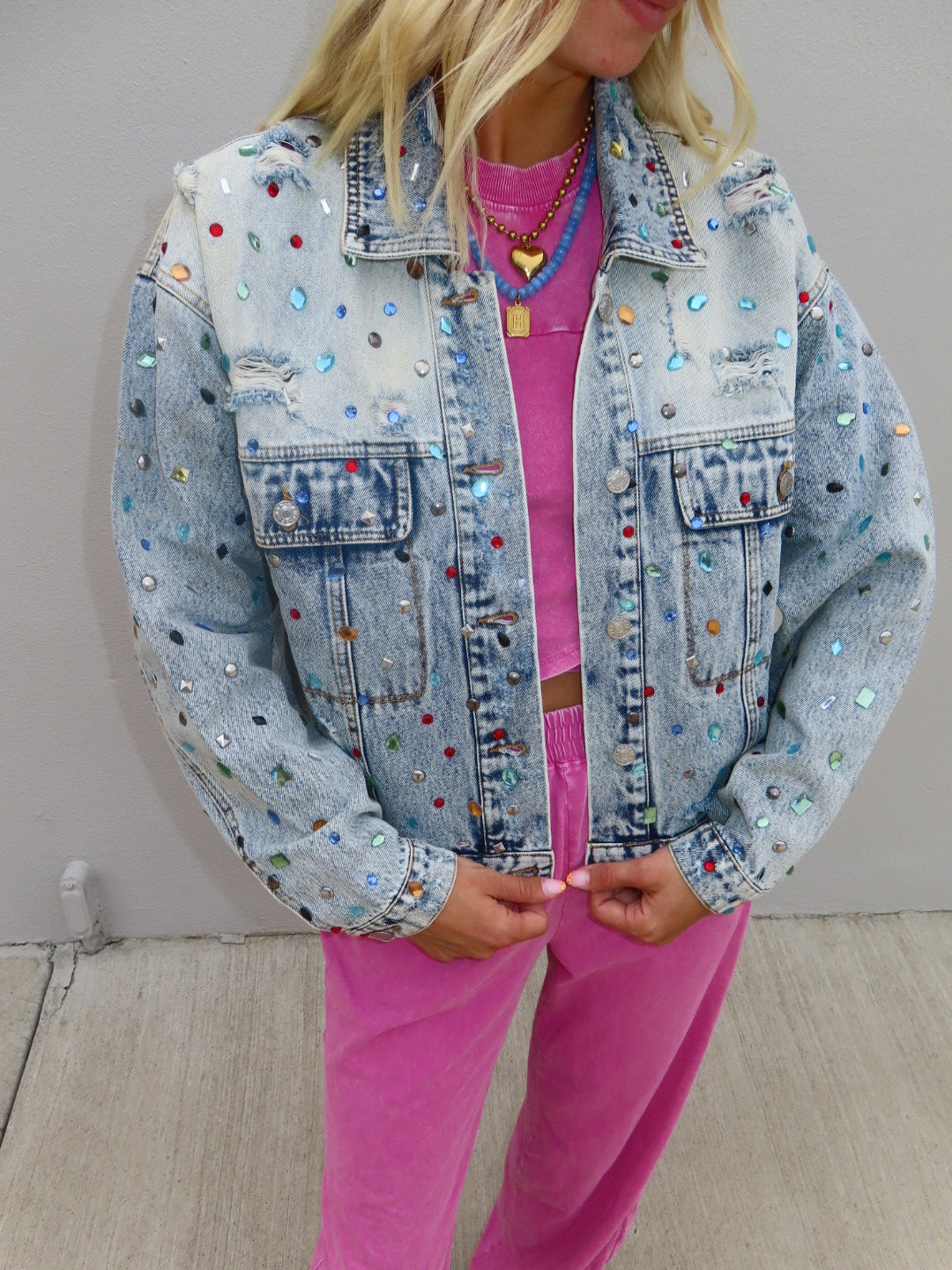Distressed Jewel Embellish Denim Jacket