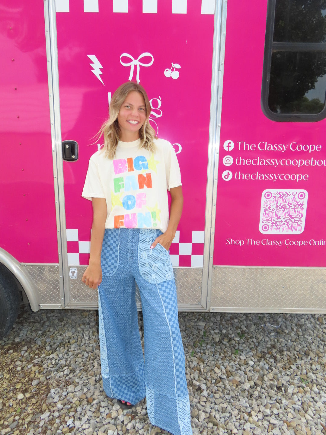 Checkered Denim Lace Patch Wide-Leg Pants