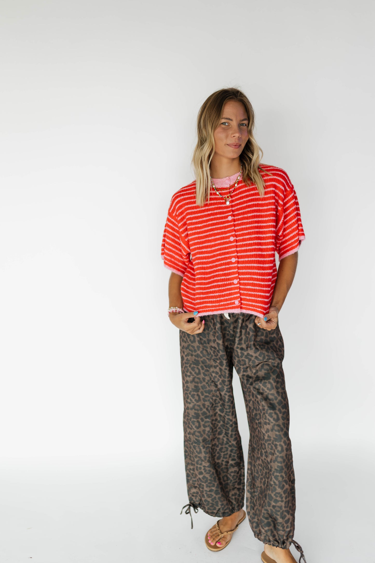 Red stripe short sleeve cardigan