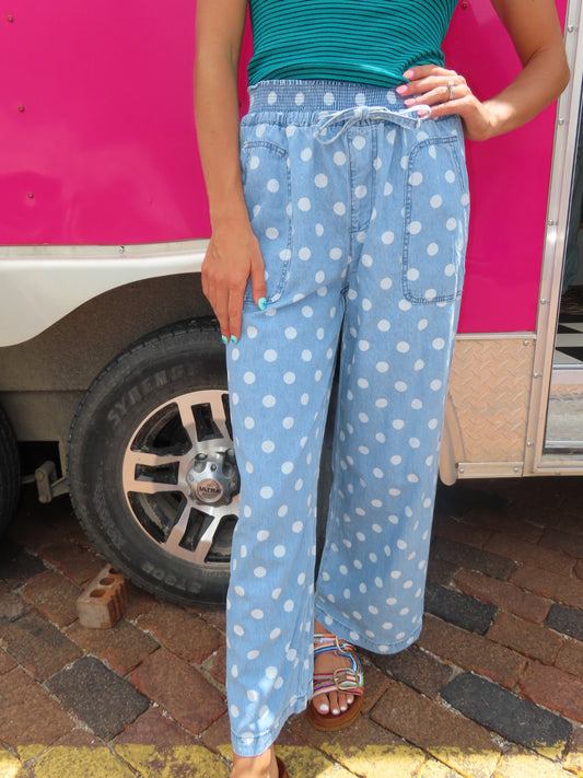 Relaxed Wide Leg Soft Polka Dot
Chambray Drawstring Pants
