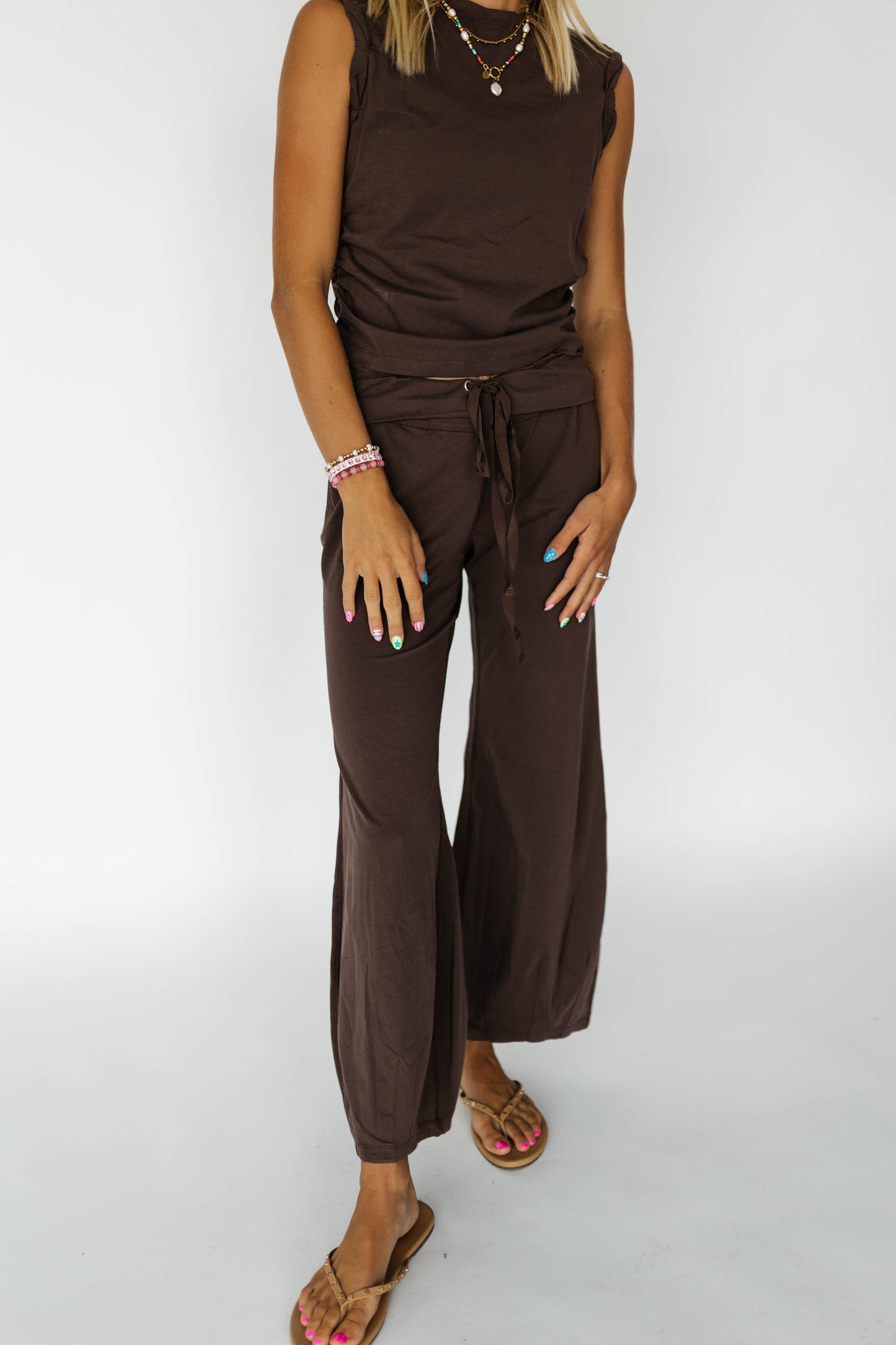 Fold Over Waist Lounge Pants Set-Brown