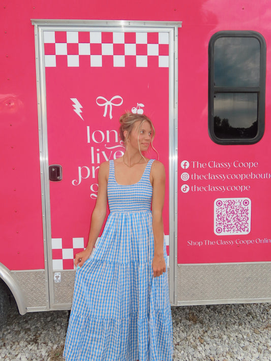Don’t Go Breaking My Heart Gingham Maxi Dress- Blue & Peach