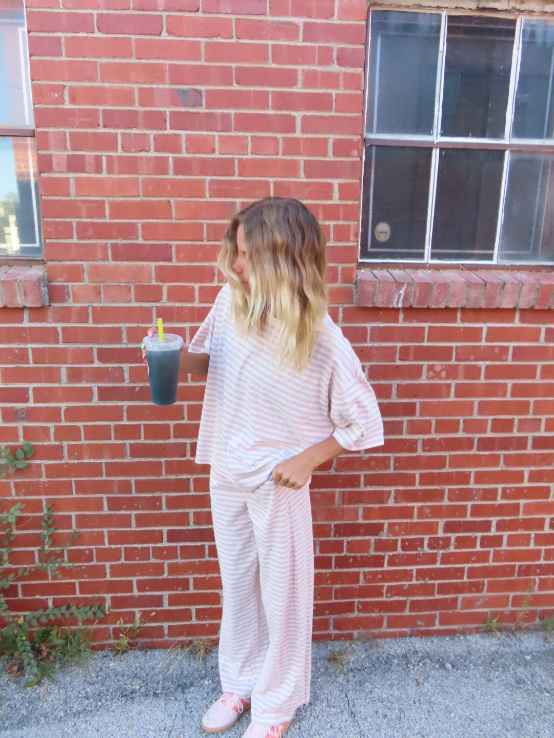 Stripe Pants with Elastic Waist-Pink