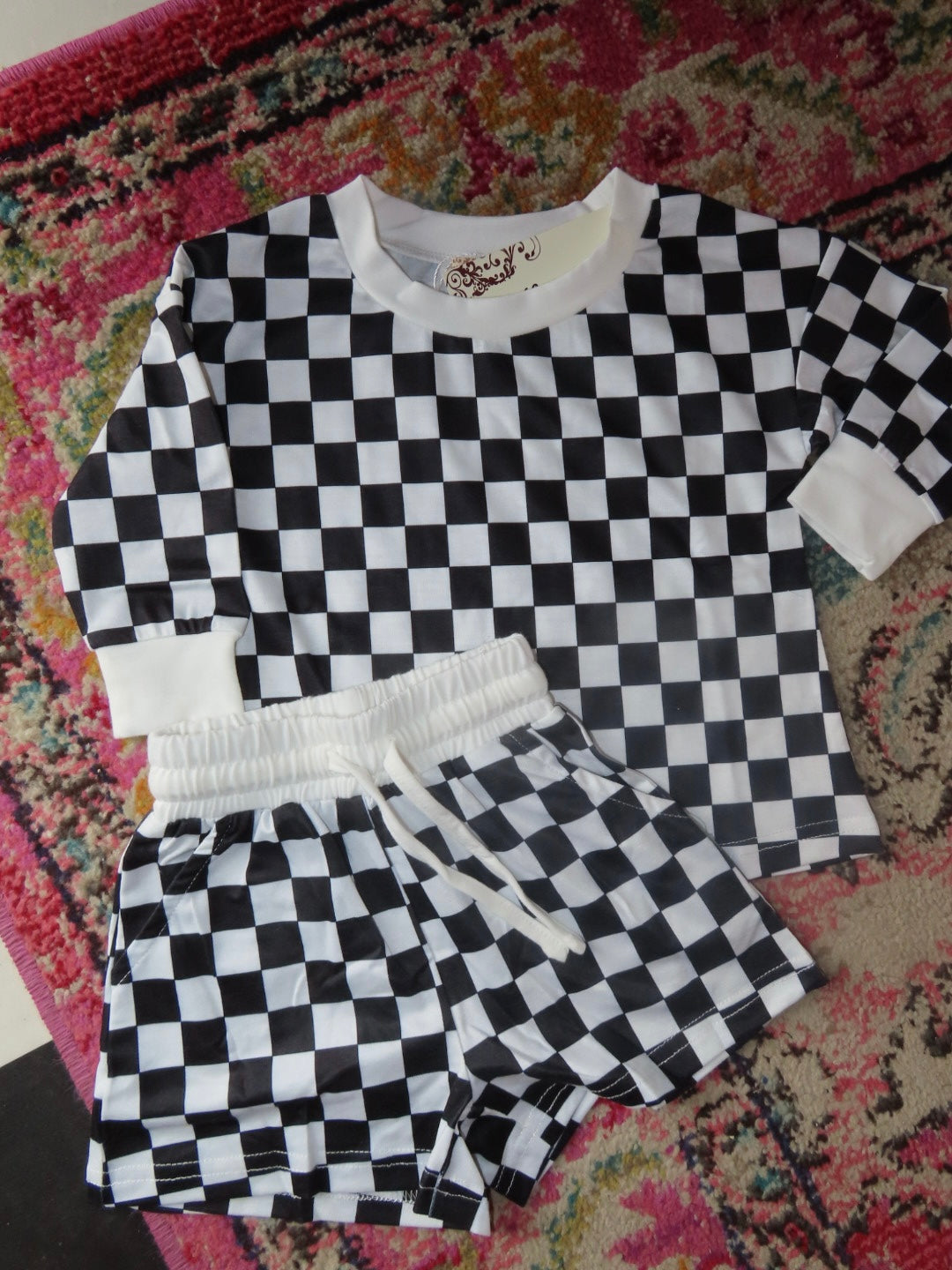 Black Checkered Long Sleeve Top & Short Girls Set