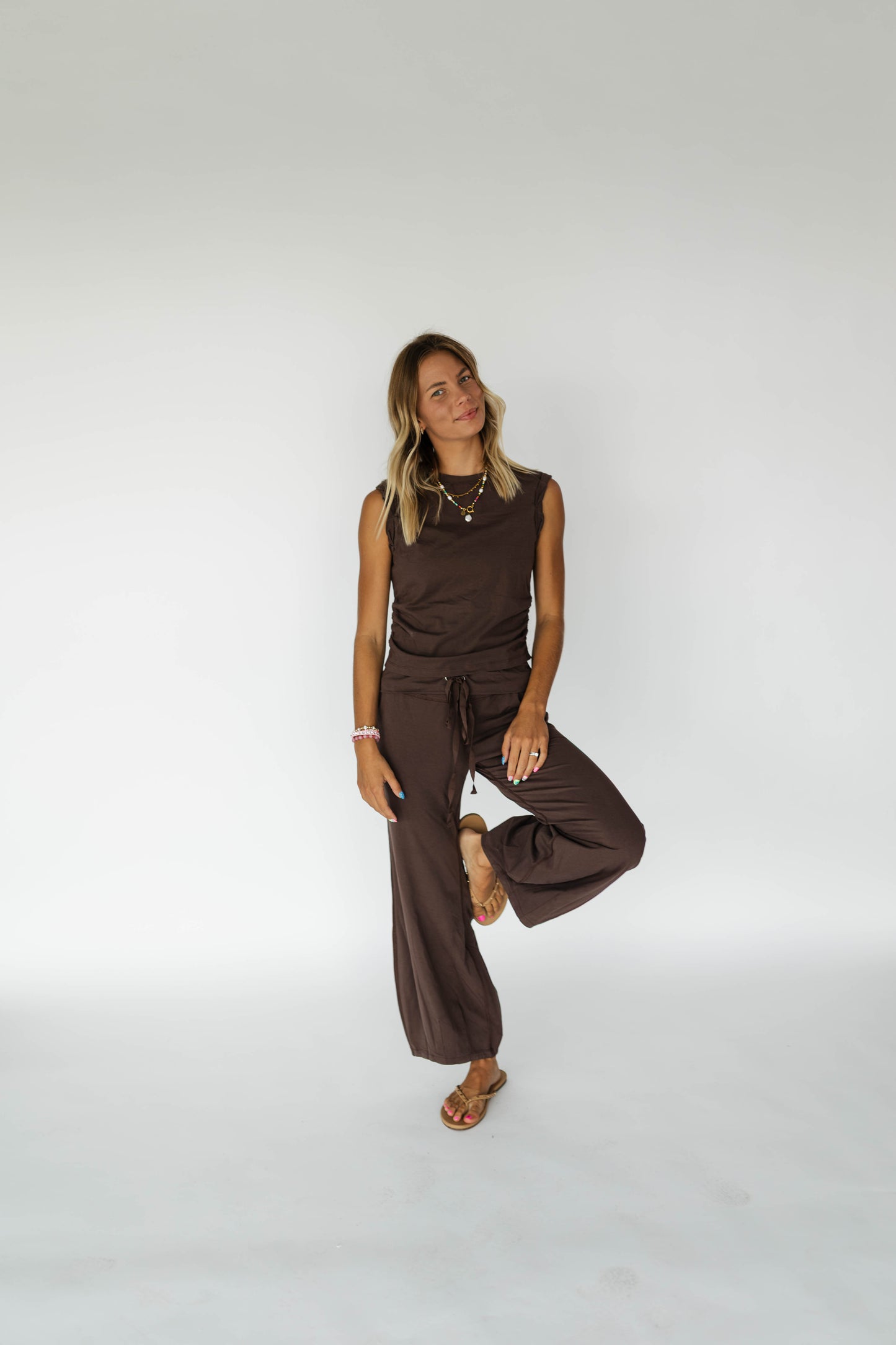Fold Over Waist Lounge Pants Set-Brown