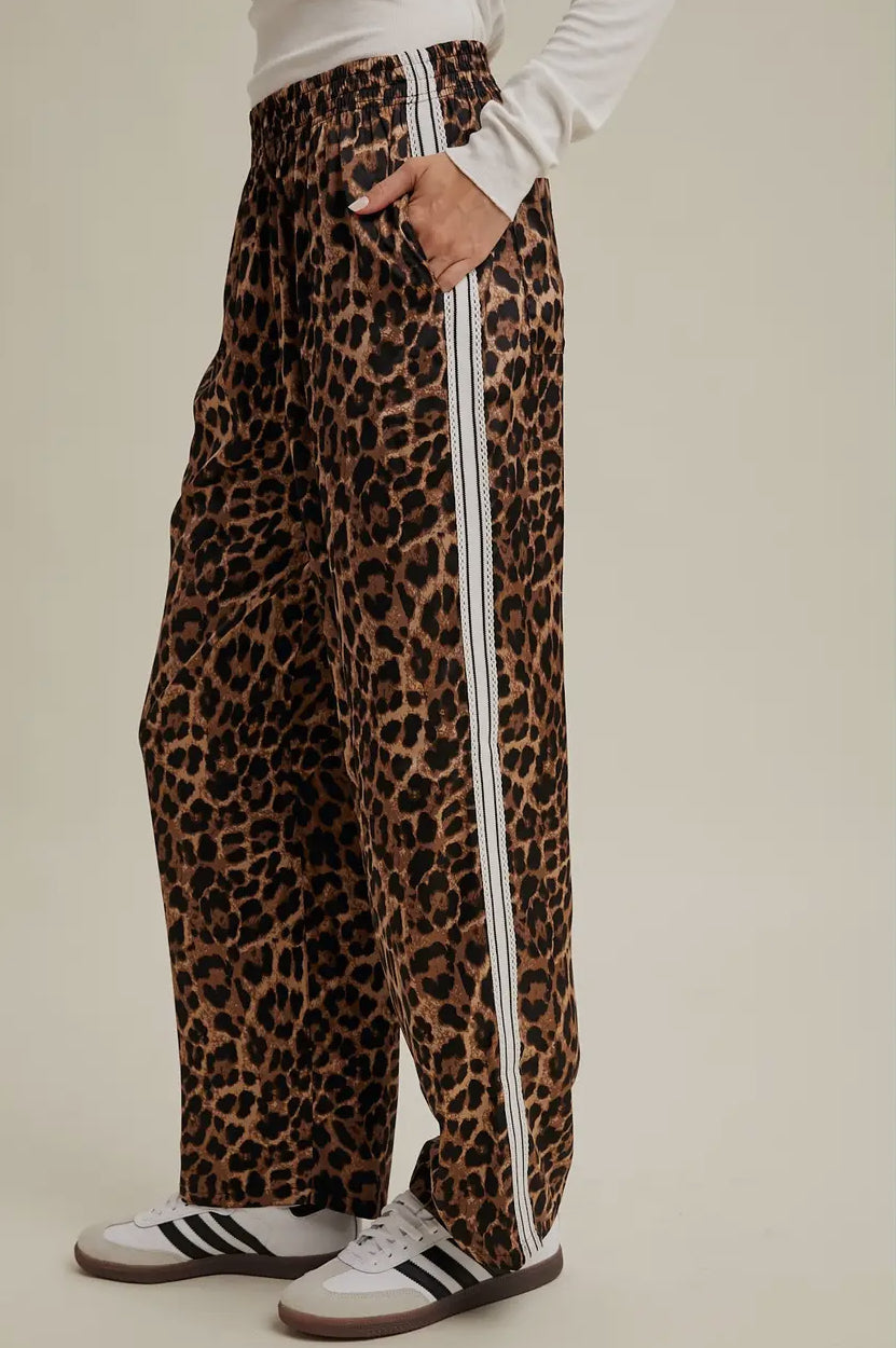 Leopard Satin Pants with side trim