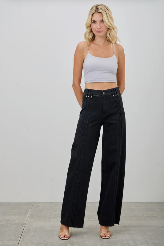 High Rise Straight with Front Lines-Black Jeans