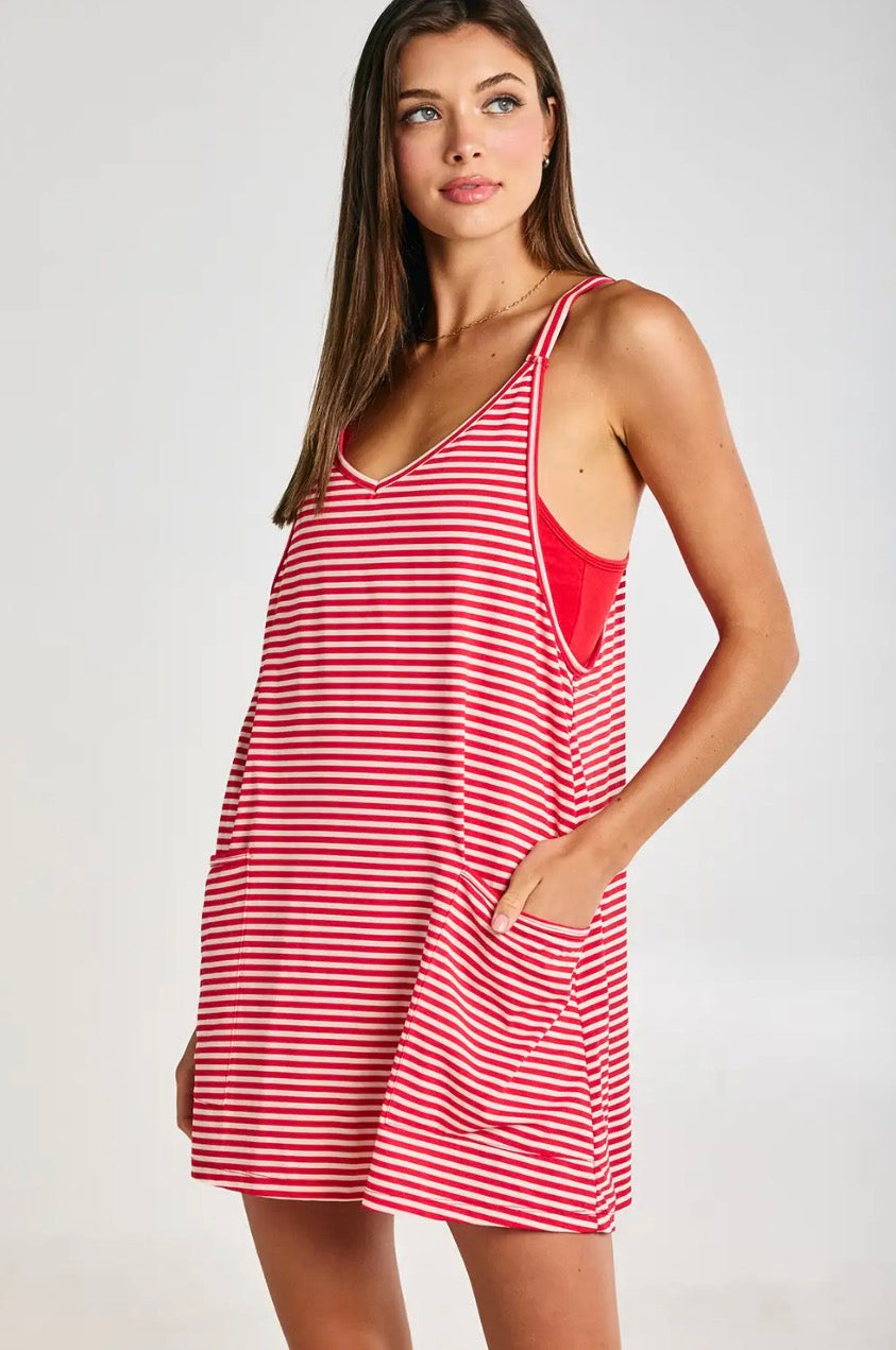 Stripe Active Romper Dress-Red