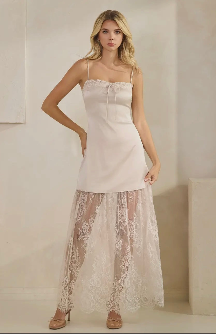Lace Trim Satin Maxi Slip Dress