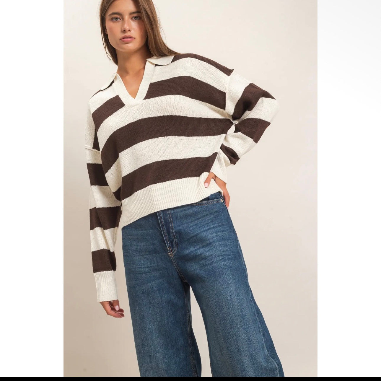 Brown & White Stripe Polo Sweater