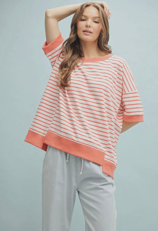 CONTRAST STRIPED DROP SHOULDER KNIT TOP