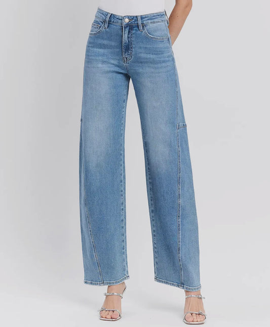 Super high rise full length wide barrel jeans
