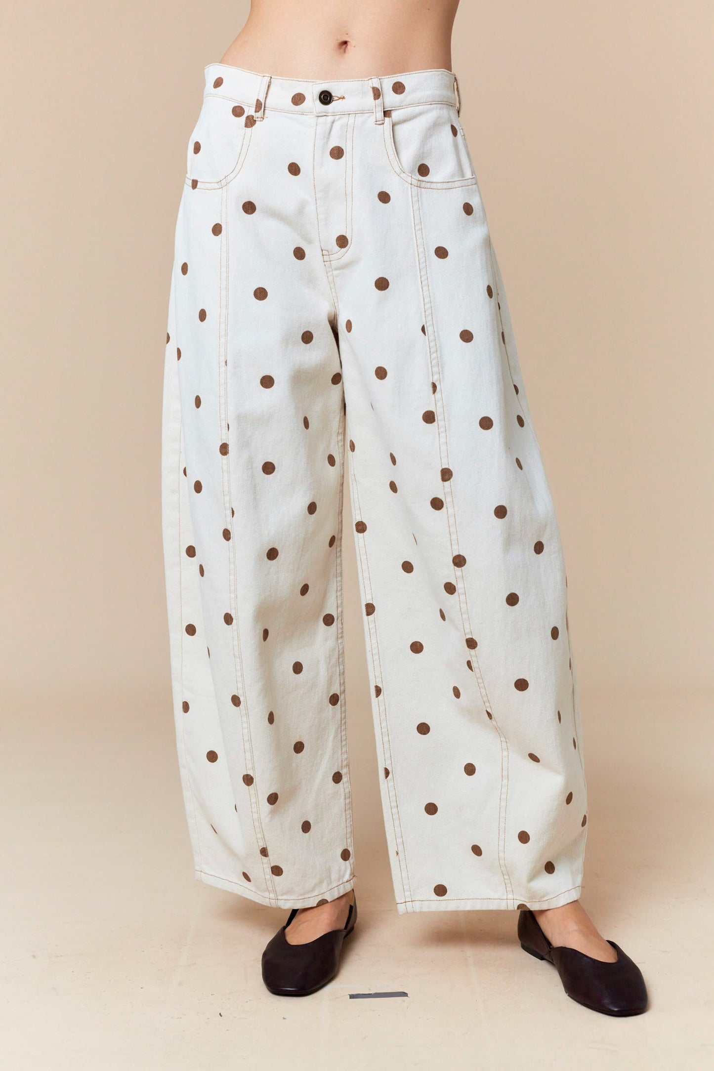 Brown Polka Dot Printed Wide Denim Pants