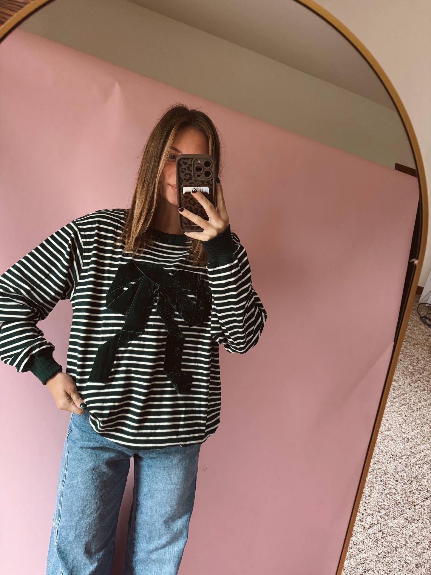 Green & White Striped Bow Sweatshirt