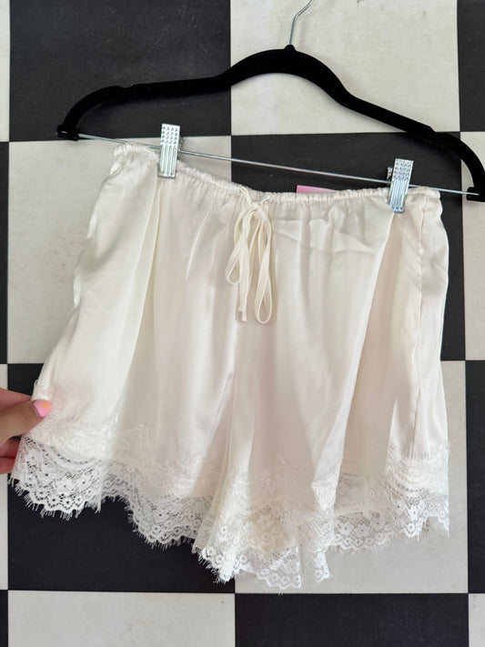Off White Lace Trim Satin Shorts